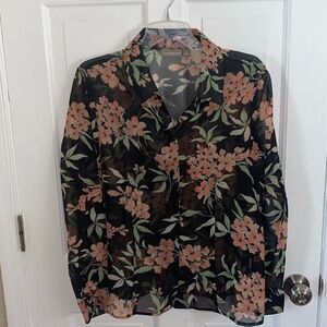 Croft & Barrow floral sheer button up blouse size L